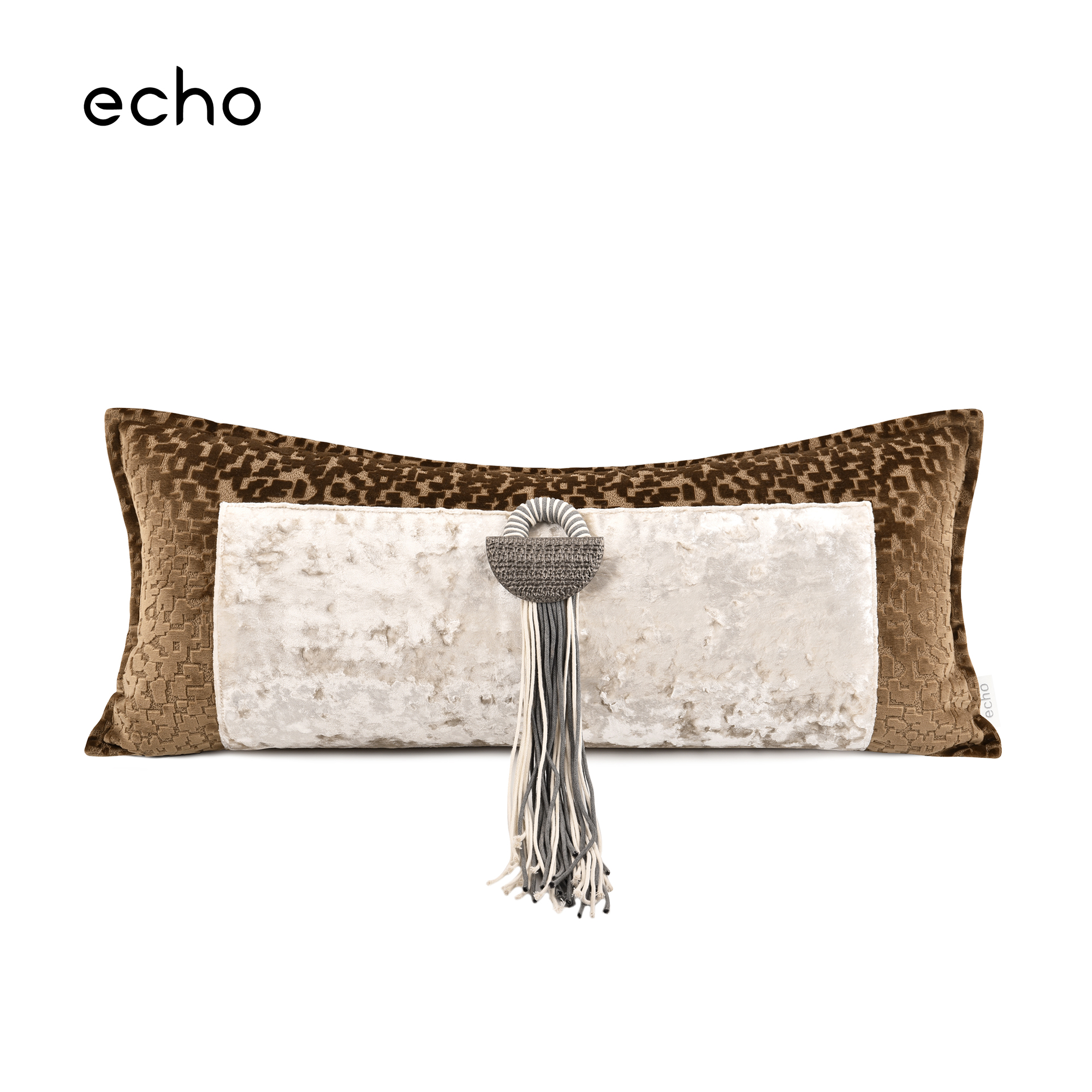 echo老钱风样板间抱枕咖色割绒拼接腰枕别墅沙发宋式美学长条靠枕