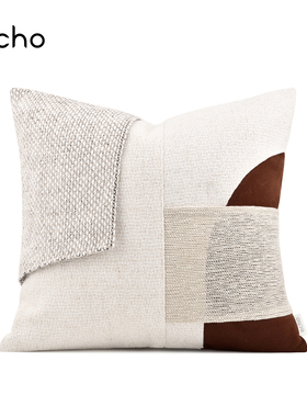 echo现代简约新中式米白棉麻红色民宿样板间沙发床上方抱枕靠垫套