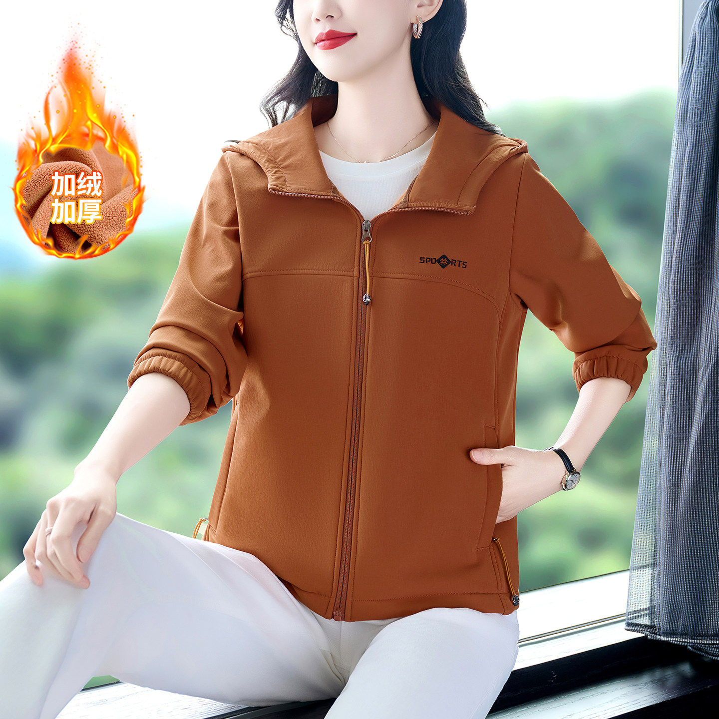 休闲保暖连帽外套女秋冬带帽加厚拉链开衫宽松显瘦减龄妈妈装上衣