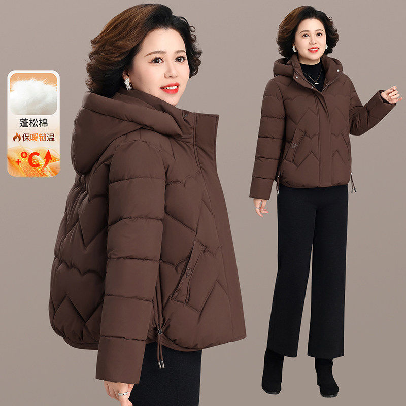 高端妈妈短款棉服女连帽加厚保暖棉衣中老年奶奶冬季大码棉袄外套