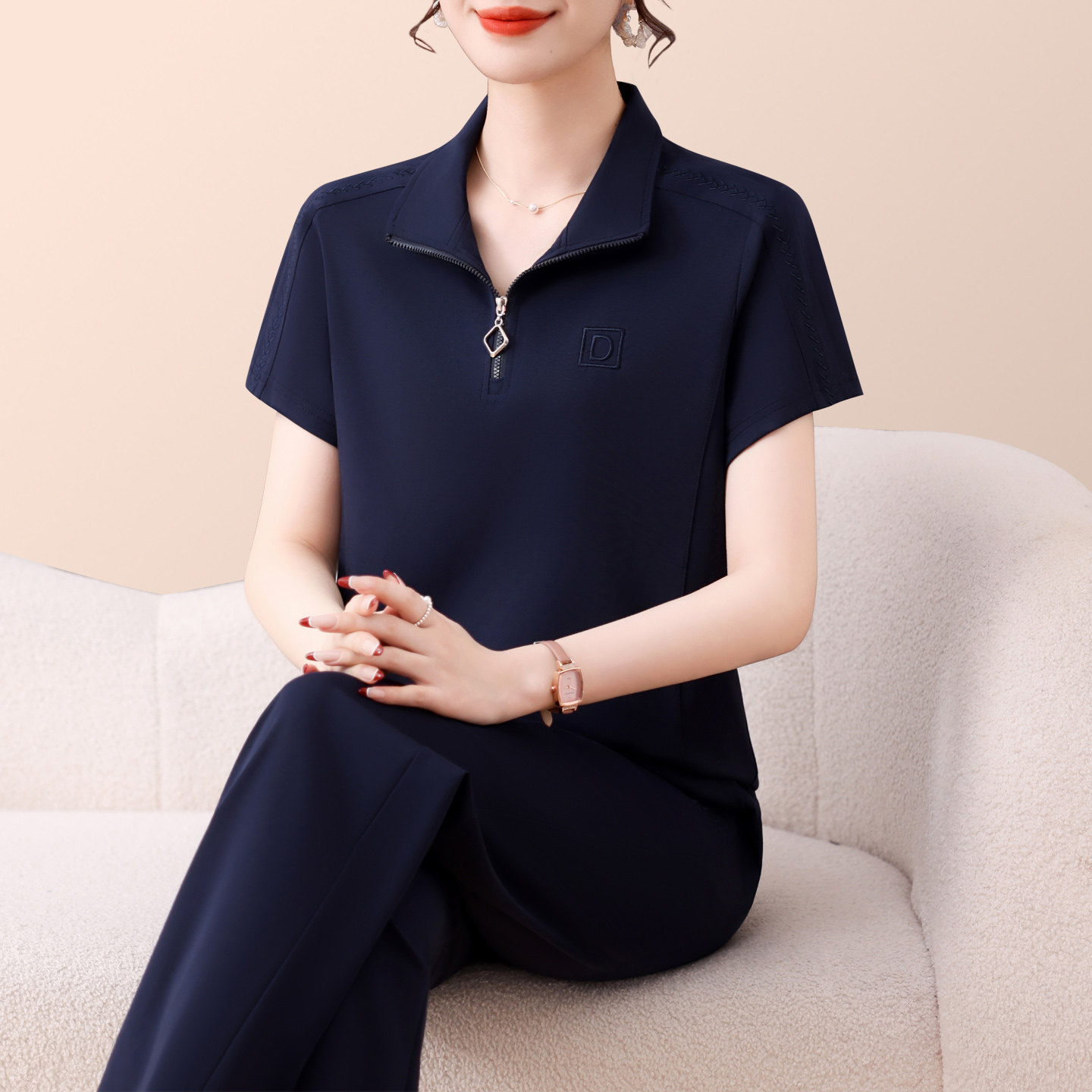 中年妈妈夏装套装女2026新款时尚宽松减龄冰丝短袖长裤休闲两件套