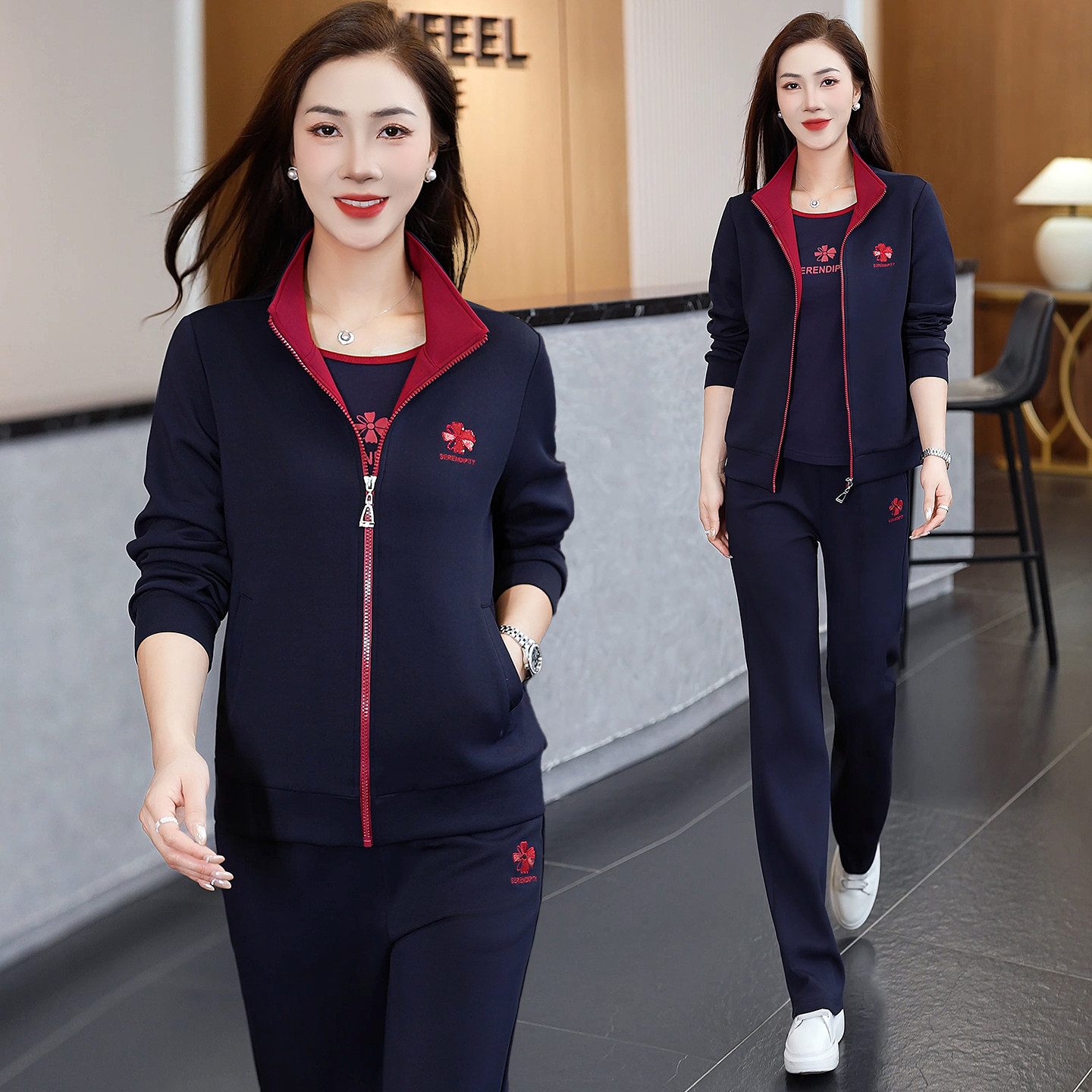 休闲运动套装女春秋季拉链开衫长裤三件套洋气减龄跑步服2026新款