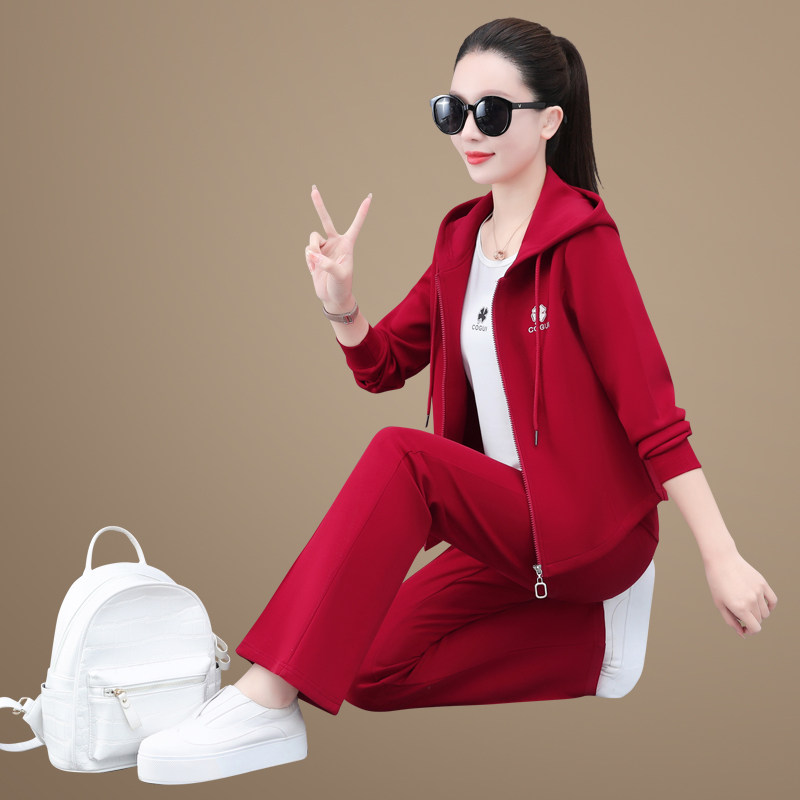 时尚休闲套装女春秋新款洋气减龄外套妈妈阔腿裤三件套红色运动服