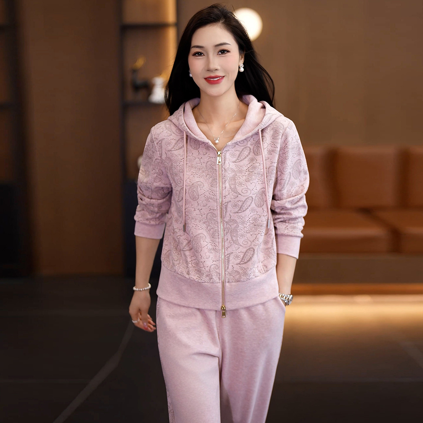 秋季女装连帽拉链卫衣套装宽松印花长袖外套休闲运动套装两件套