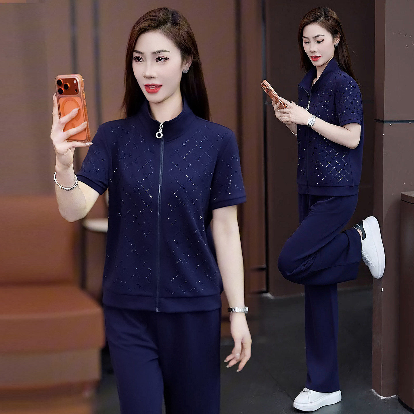 运动套装女士2026夏季新款洋气高级感小个子冰丝短袖休闲服两件套
