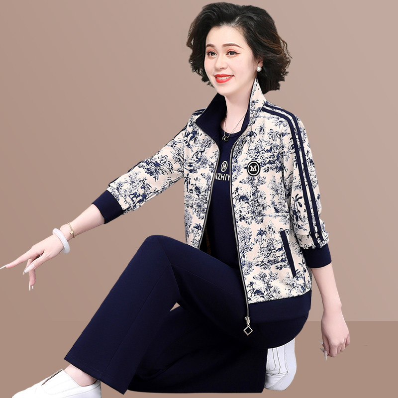 时尚水墨风运动套装2026秋季新款中老年女装妈妈装外套休闲三件套