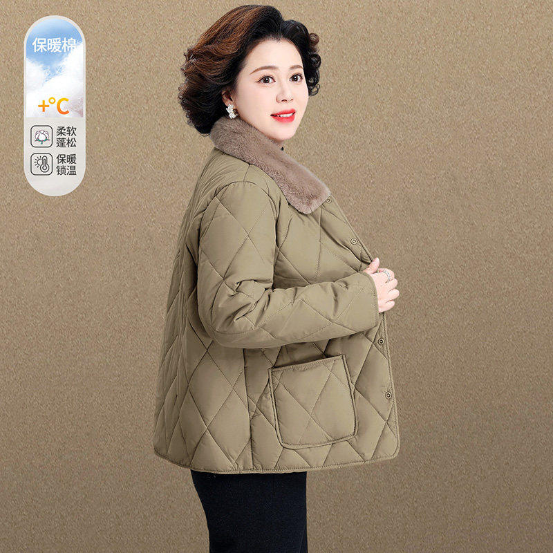 中老年妈妈装菱格纹毛领棉服女短款洋气轻薄棉袄宽松百搭品牌外套