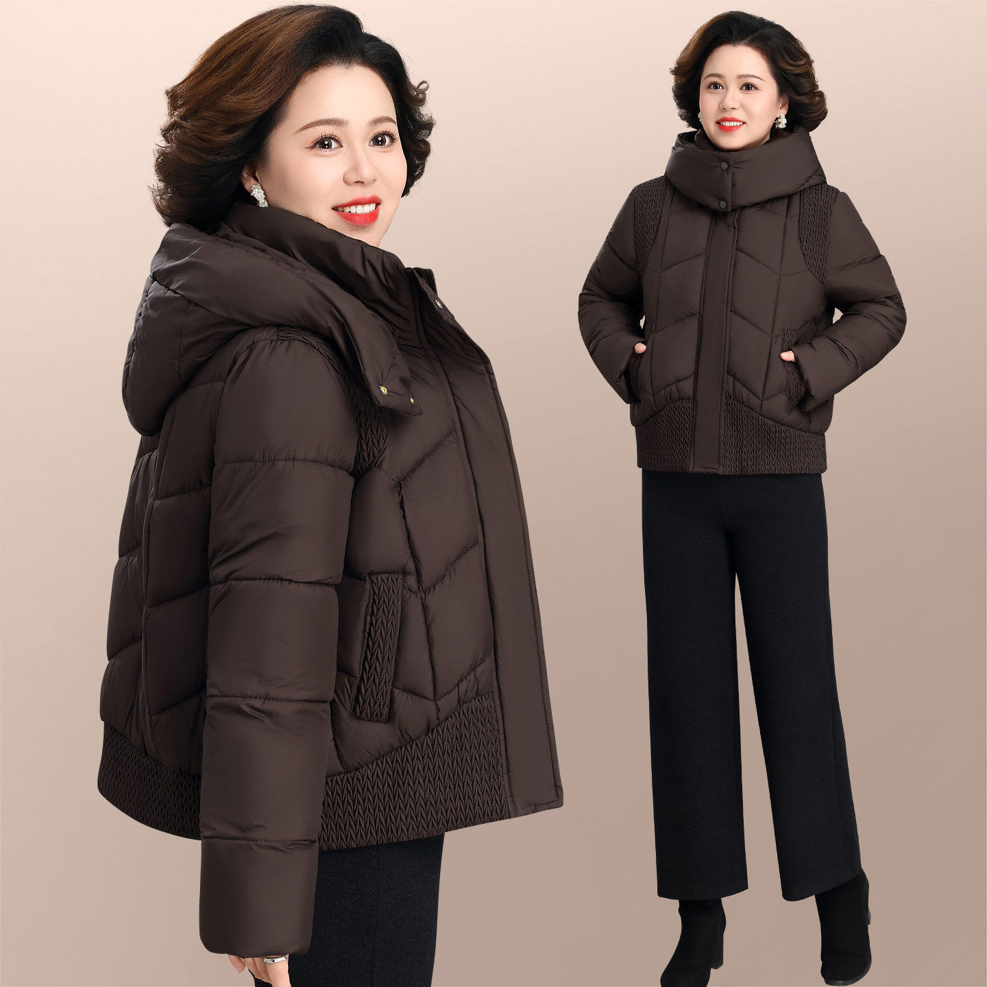 棉服女款2026新款冬季连帽加厚保暖上衣外套中年妈妈洋气