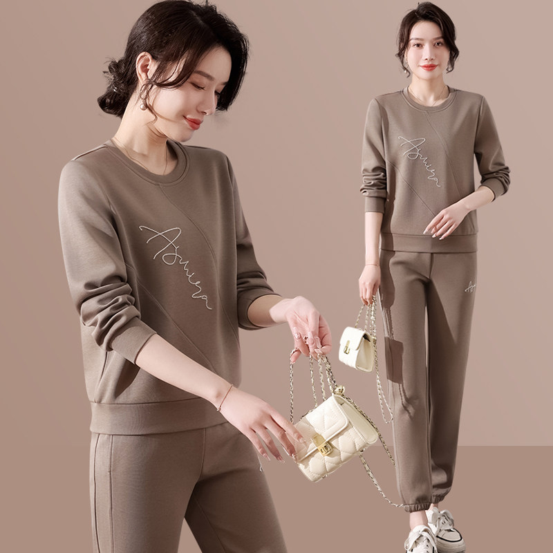 中老年妈妈春秋装新款时尚运动服套装洋气圆领卫衣女装休闲两件套