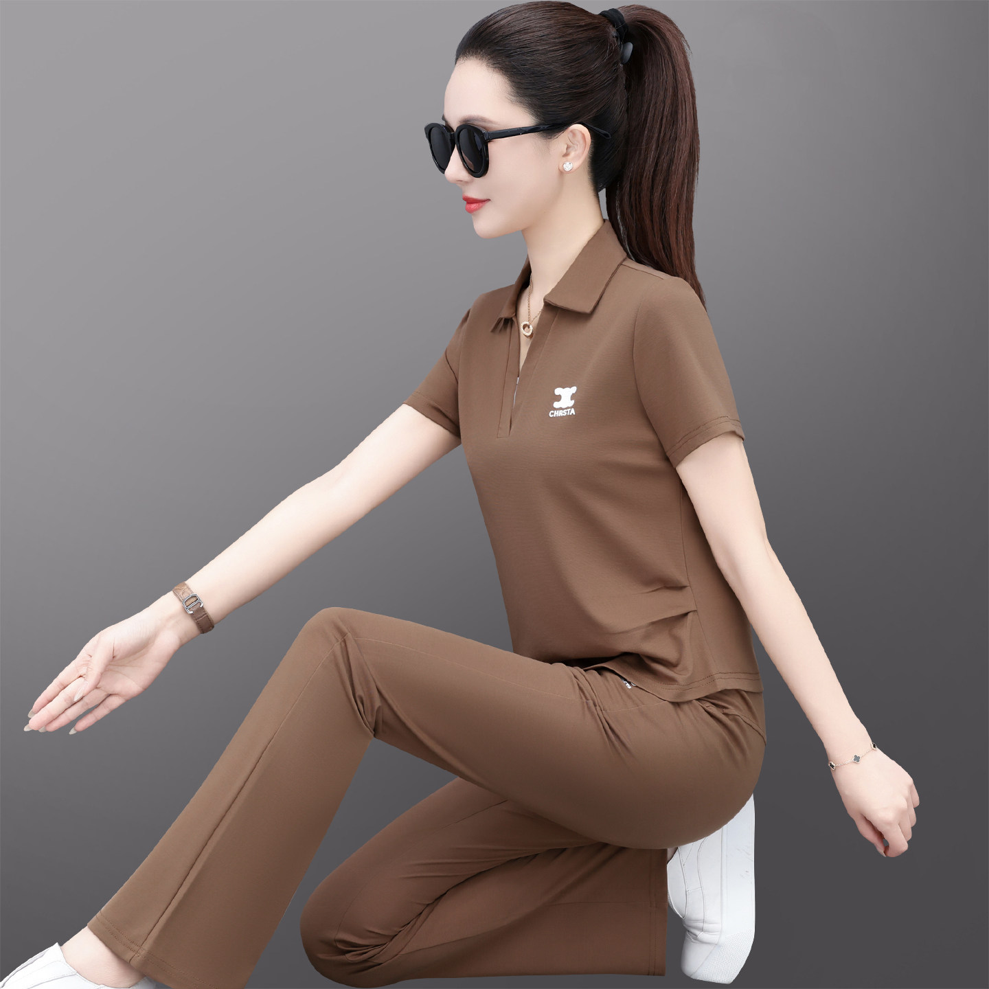 冰丝休闲运动套装女夏季薄款2026新款时尚洋气跑步妈妈夏装两件套