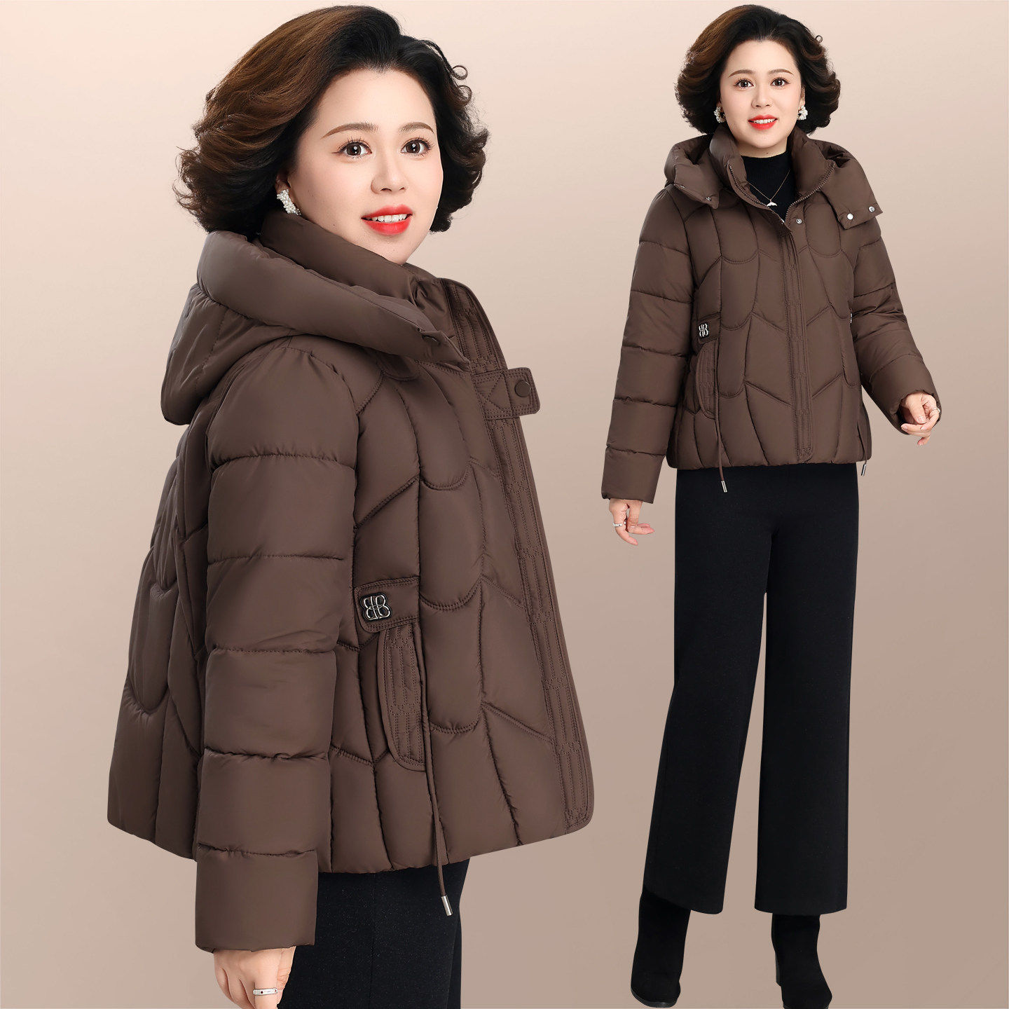中老年妈妈冬装女款2026新款冬季时尚洋气质连帽加厚保暖上衣外套