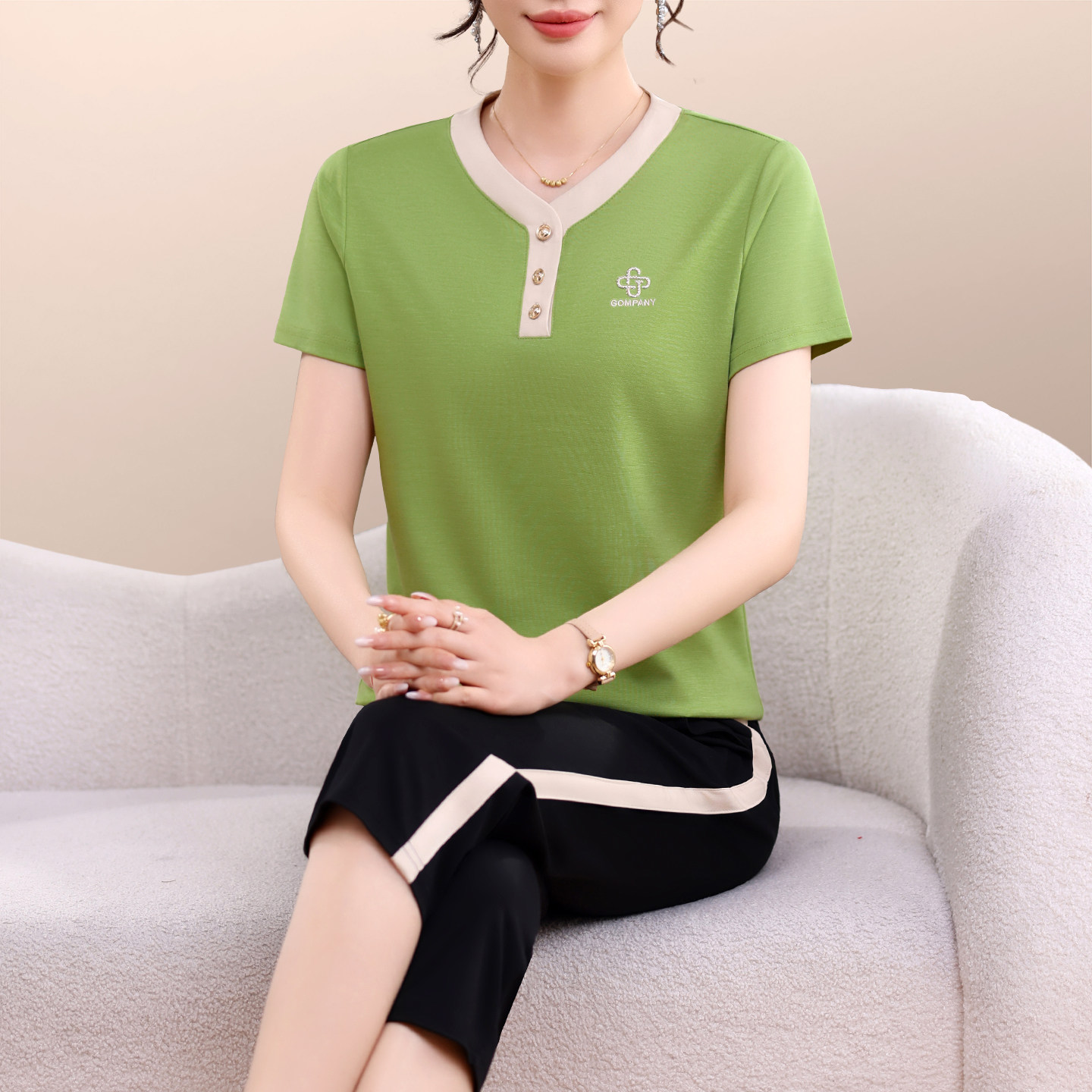 运动套装女夏2026新款宽松洋气妈妈夏装冰丝短袖七分裤休闲两件套