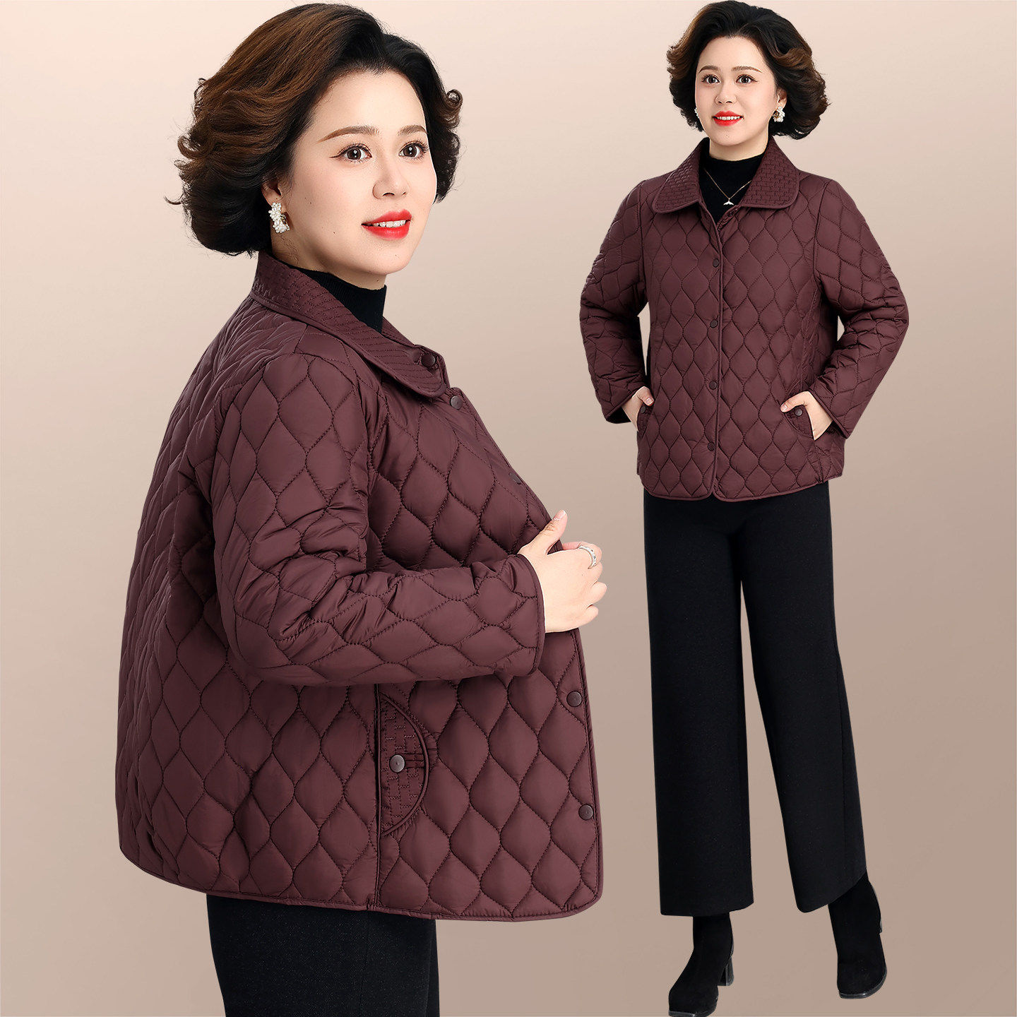 洋气妈妈轻薄棉袄冬装女款2026新款冬季翻领时尚夹棉保暖上衣外套