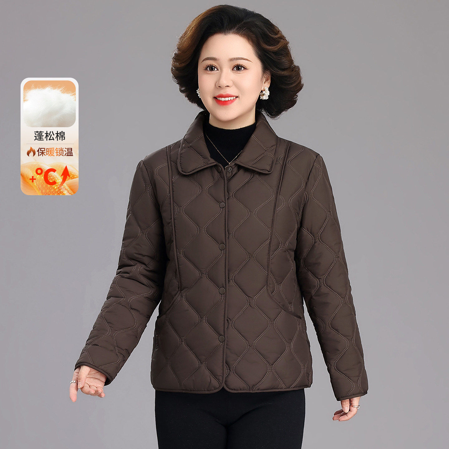 中老年棉服女妈妈装冬季加厚保暖翻领菱格纹显瘦外套小个子女装