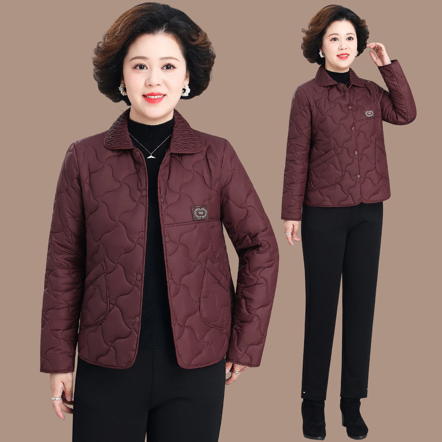洋气减龄中老年妈妈短款棉服女秋冬菱格纹翻领棉衣外套轻薄小棉袄