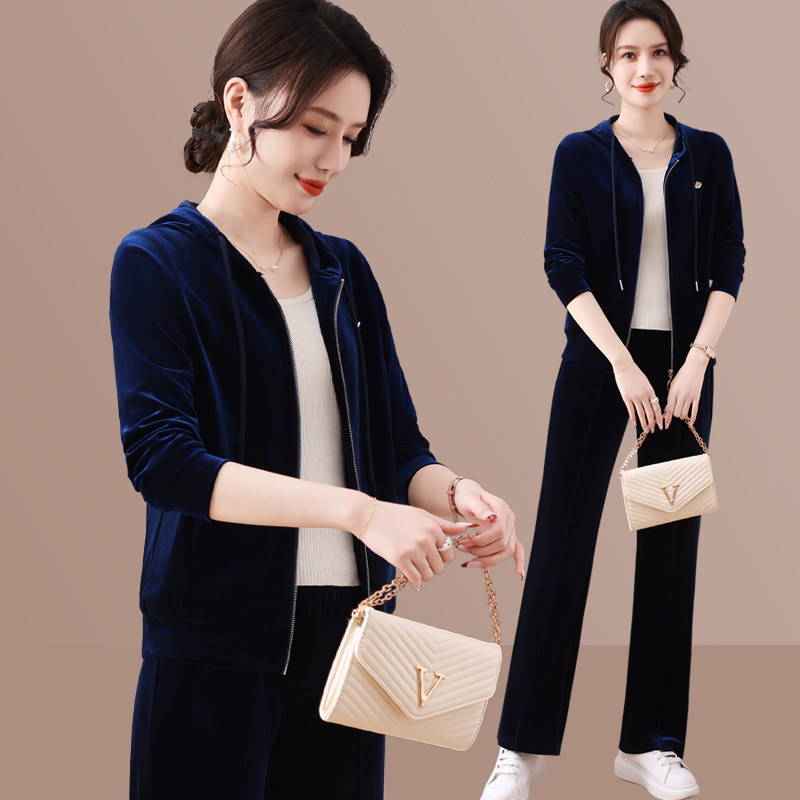 时尚金丝绒运动套装女春秋洋气减龄连帽宽松中老年妈妈休闲两件套