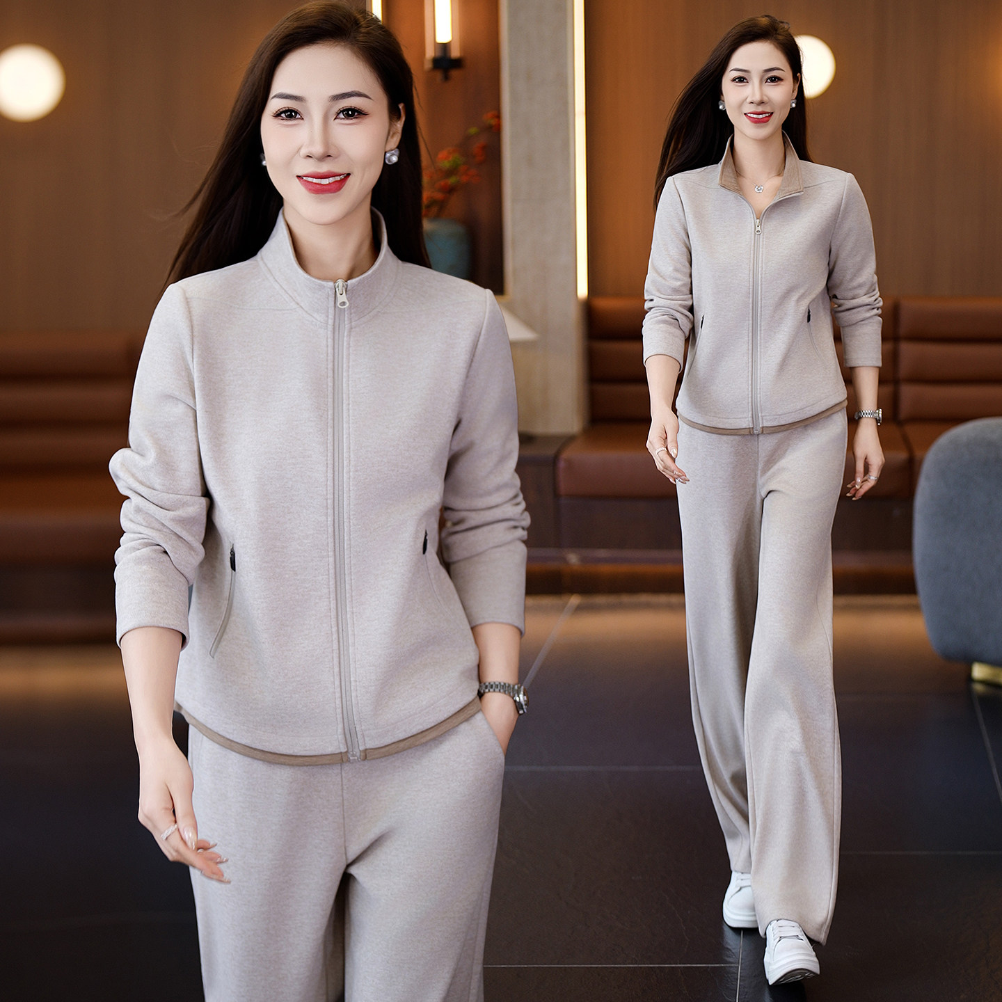 休闲运动套装女2026秋季新款时尚立领开衫修身显瘦春秋跑步两件套