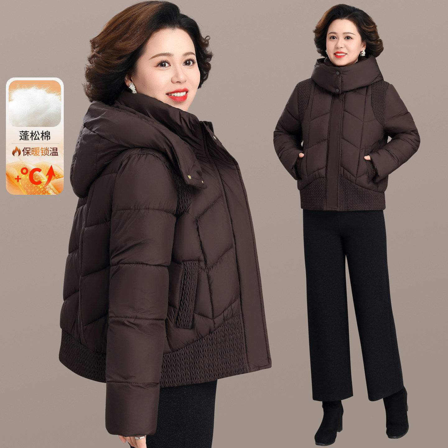 中年妈妈棉服女冬季加厚保暖连帽时尚洋气棉衣外套显瘦棉袄小个子