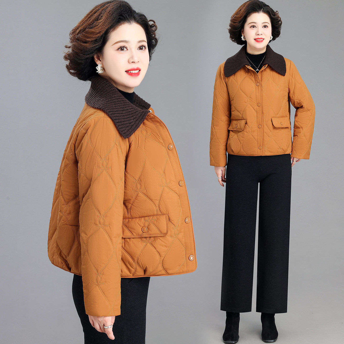 气质妈妈冬装外套棉衣针织翻领棉服短款中老年女秋冬季保暖小棉袄