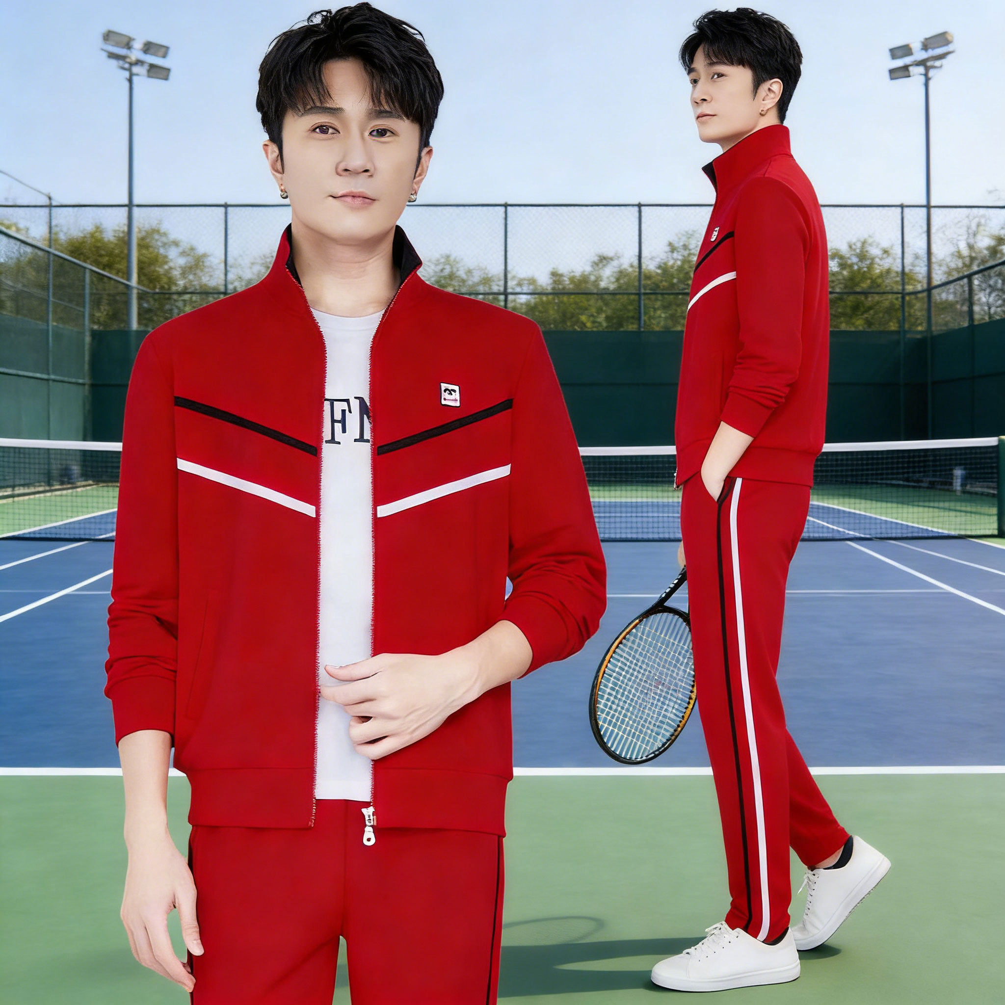 高端红色运动服套装男士秋季2026新款时尚休闲跑步三件套大码外套