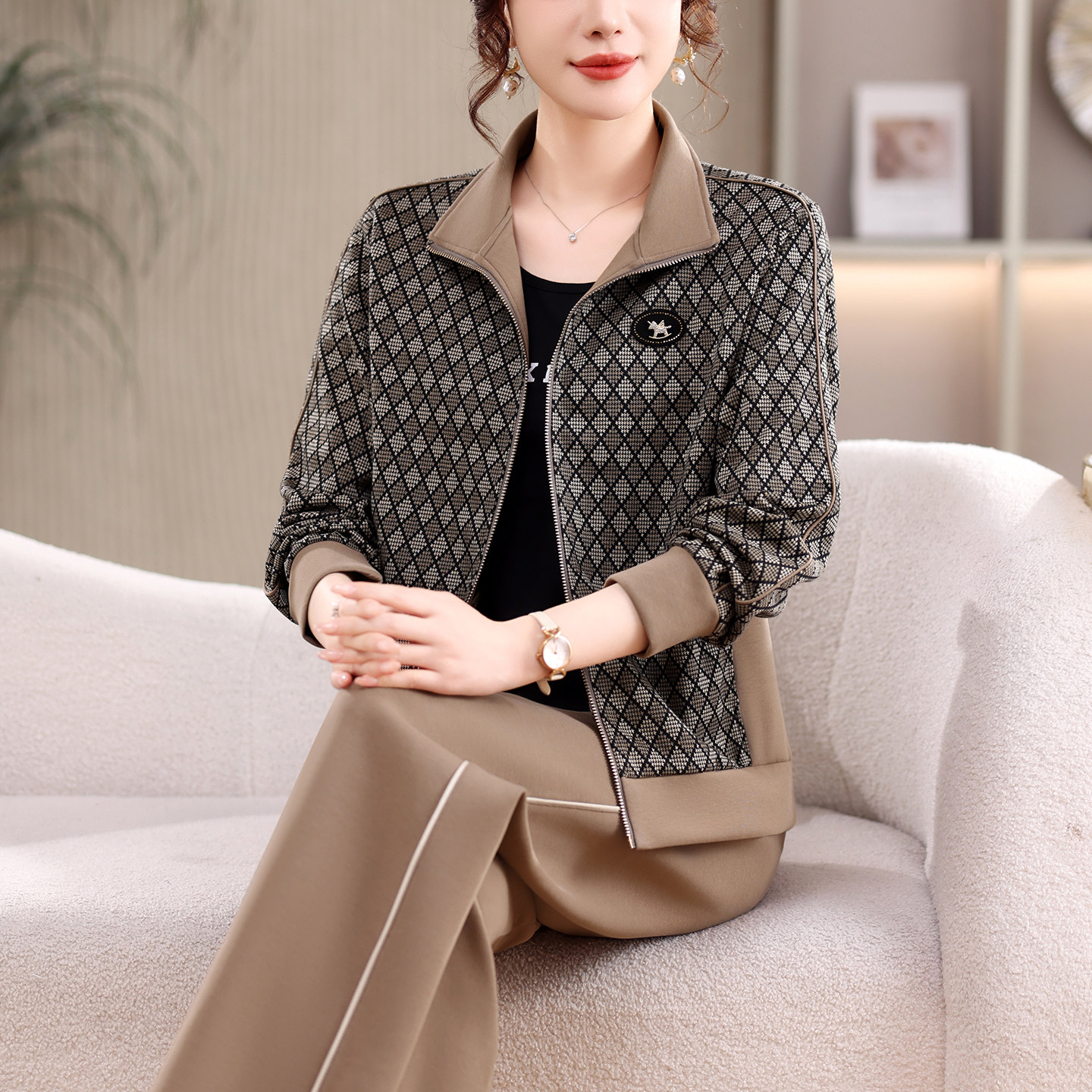 中年妈妈装菱格纹拉链2026外套女春秋休闲减龄高级感上衣裤子套装