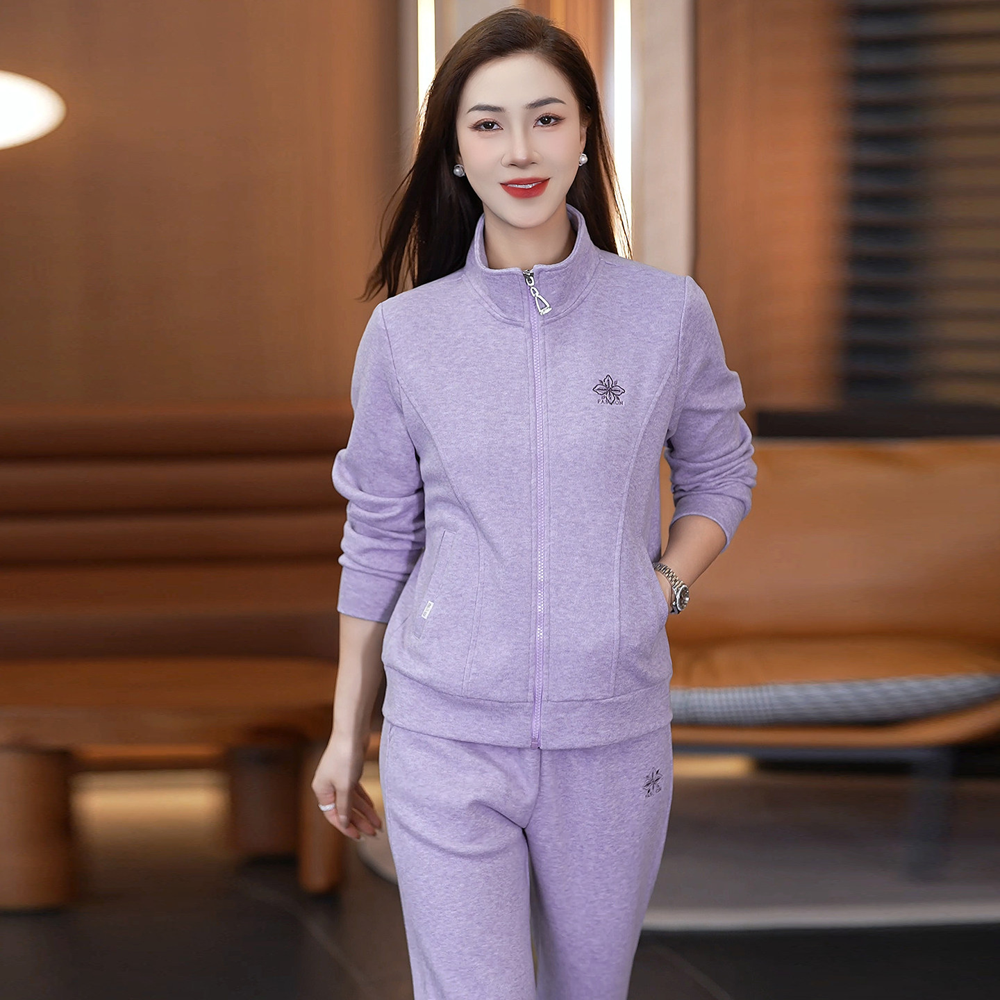 时尚减龄运动套装女春秋休闲两件套紫色开衫卫衣穿搭韩版立领简约
