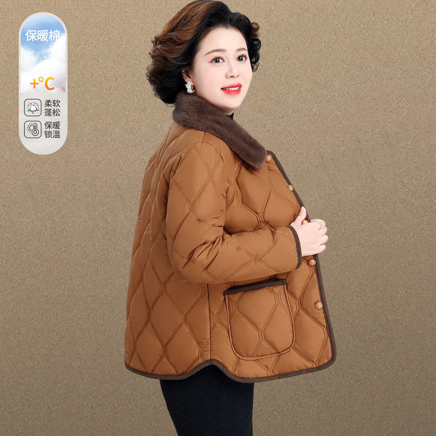 中老年女装菱格纹棉服加绒加厚毛领外套妈妈装保暖棉袄冬装小个子
