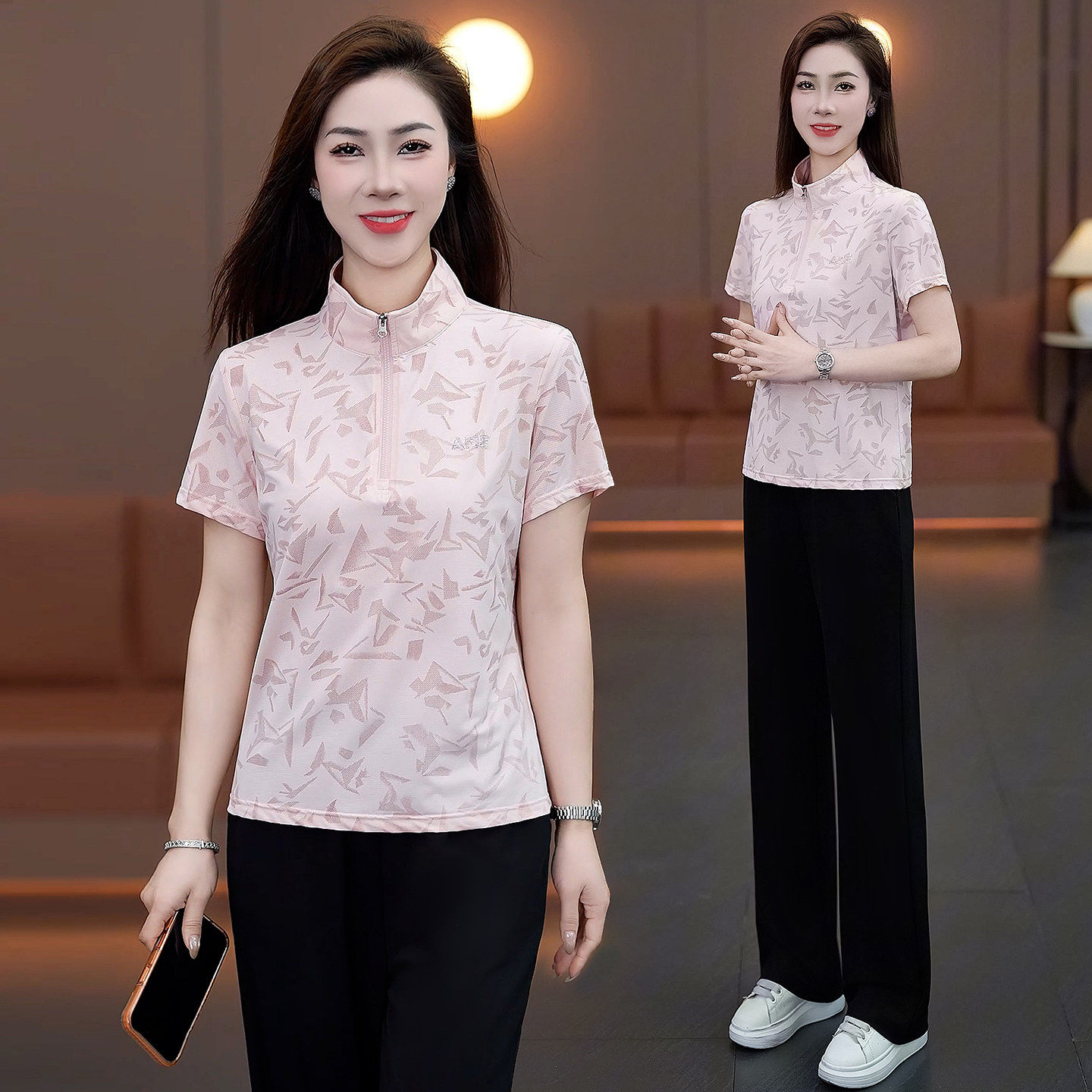 运动服套装女2026新款夏季时尚洋气时髦40减龄冰丝短袖休闲两件套