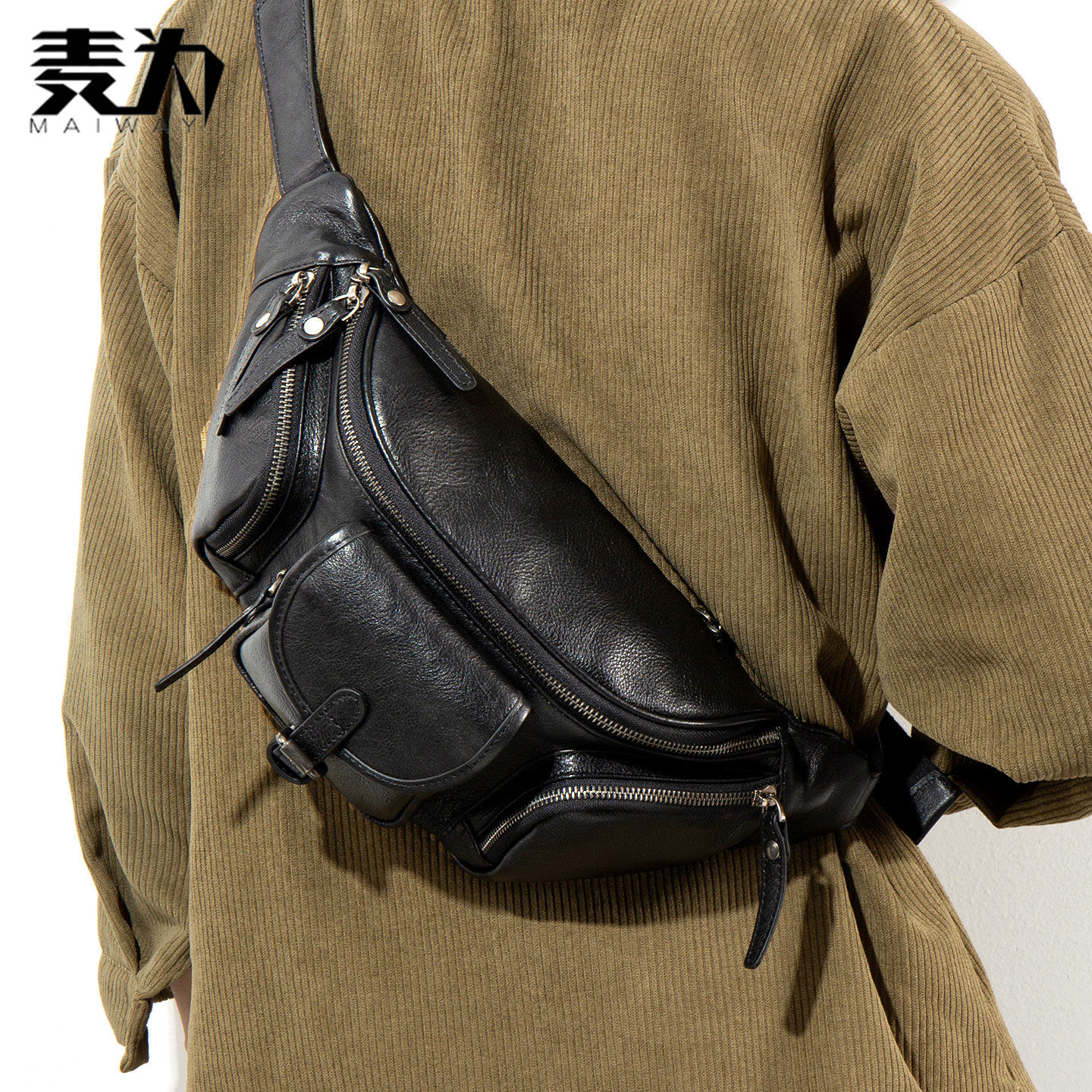 麦为街头潮流真皮胸包男包休闲斜挎包头层牛皮腰包多功能单肩包潮