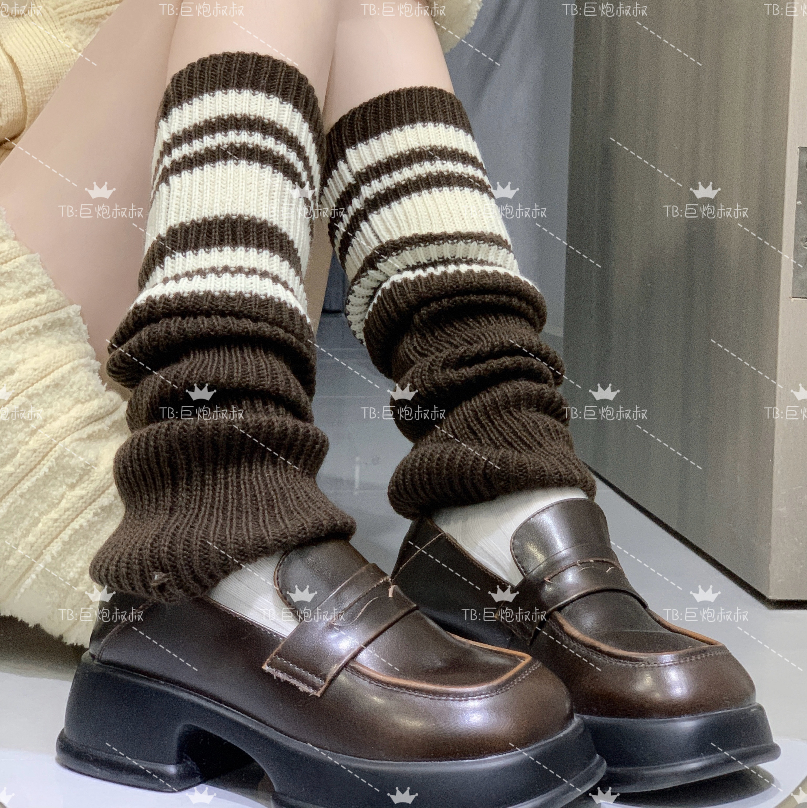 秋冬堆堆袜女撞色条纹针织袜套Y2k辣妹学院风腿套JK袜中筒袜