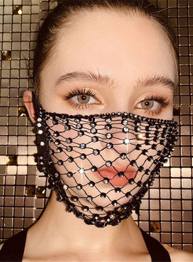 2020带钻骑行防尘黑色面罩时尚网格闪钻透气水钻棉布户外口罩1335