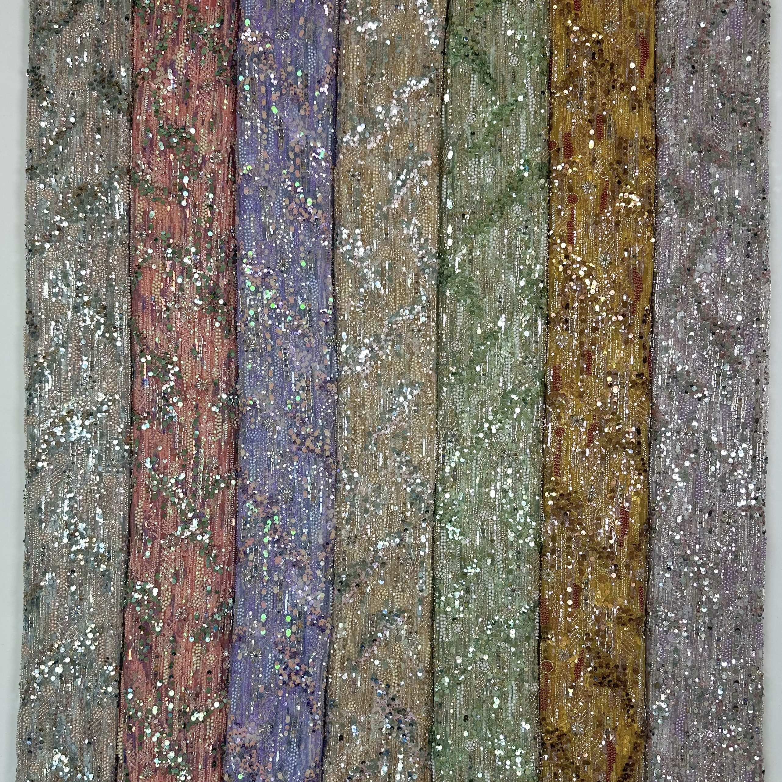 清版*重工跨境彩色珠绣亮片立体刺绣网纱面料订制洋服布料粉色