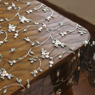 清仓黑色田园植物花卉提花刺绣软网纱底绣花蕾丝面料布料服装辅料