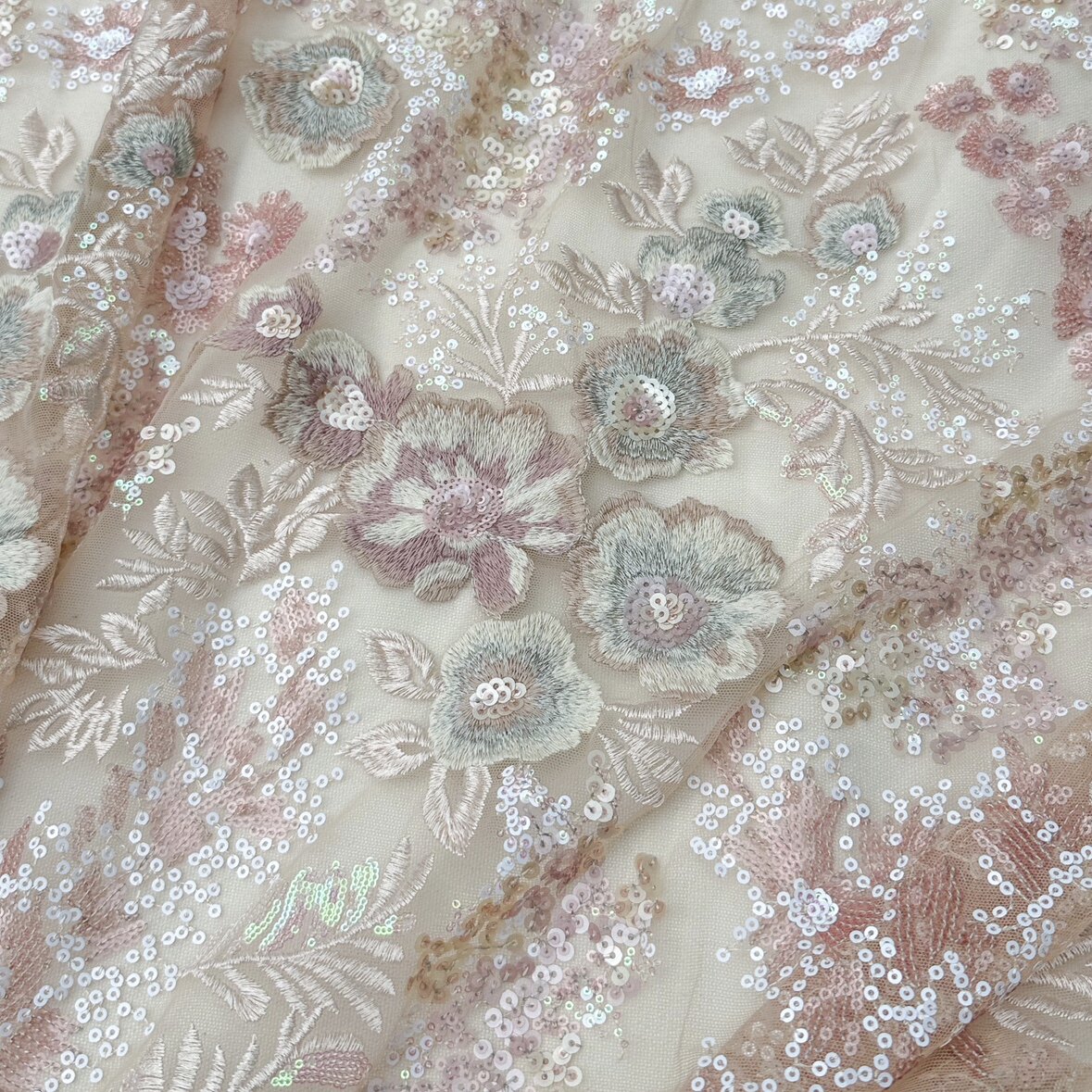 S7粉色系立体亮片色织棉线刺绣软网纱绣花面料旗袍连衣裙服装布料
