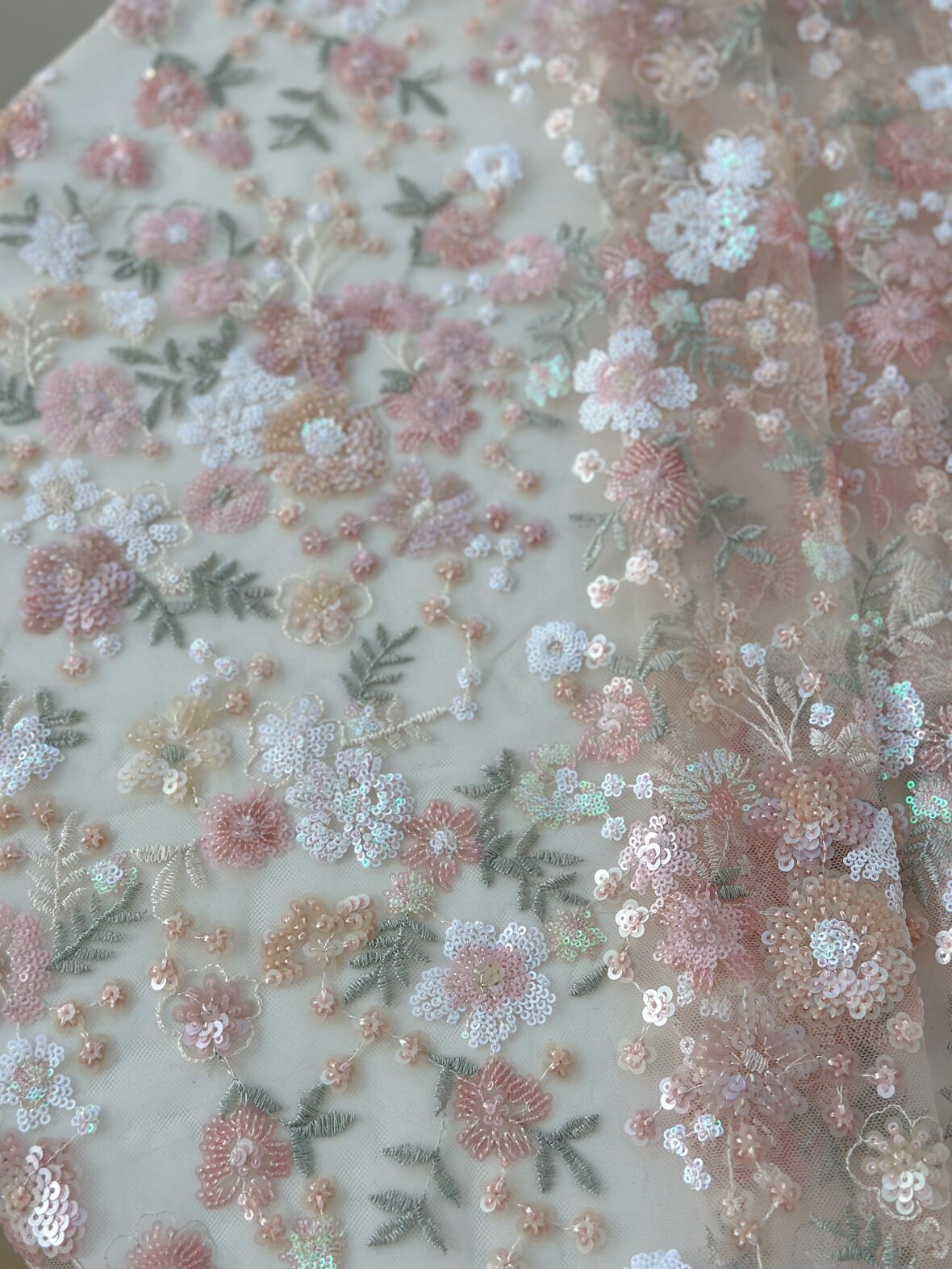 S2中国风花朵立体多层亮片刺绣网纱蕾丝面料旗袍礼服布料粉色系