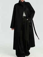 A Korean-style black laid-back high-necked woolen overcoat with a high-end feminine charm, a cinched waist and double-sided tweed coat thumbnail 5