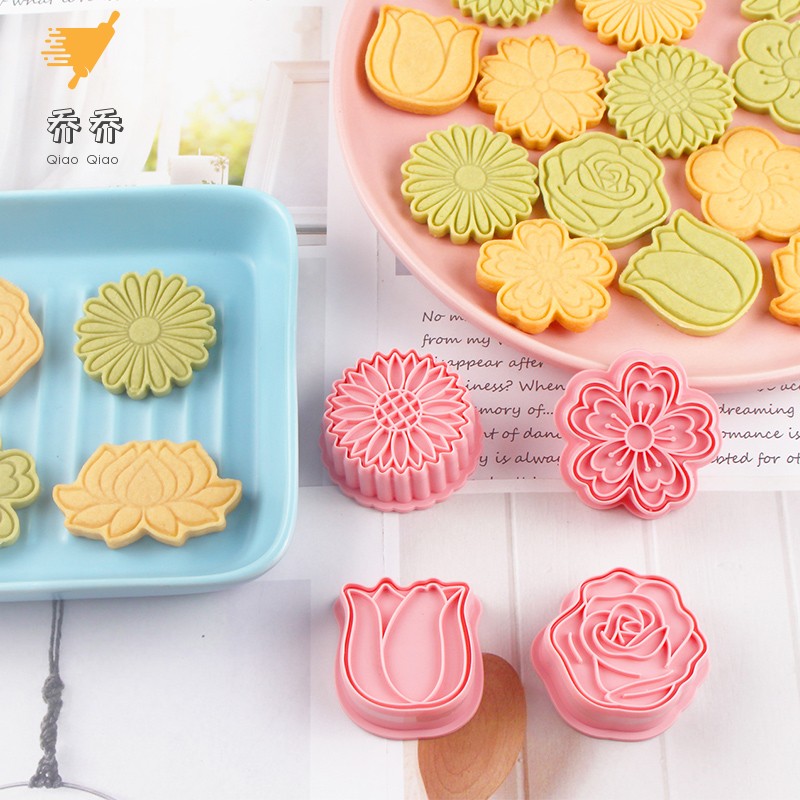 花朵玫瑰饼干模具3D立体翻糖烘焙曲奇塑料按压式切模花瓣郁金香