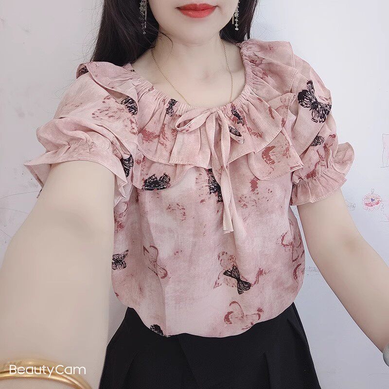 法式荷叶边雪纺衫女夏2024新款洋气高级感显瘦一字肩时尚短袖上衣