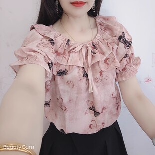 洋氣高級(jí)感顯瘦一字肩時(shí)尚 法式 女夏2024新款 短袖 荷葉邊雪紡衫 上衣