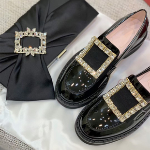 真皮水钻方扣单鞋女2022新款复古RV一脚蹬厚底乐福鞋英伦风小皮鞋