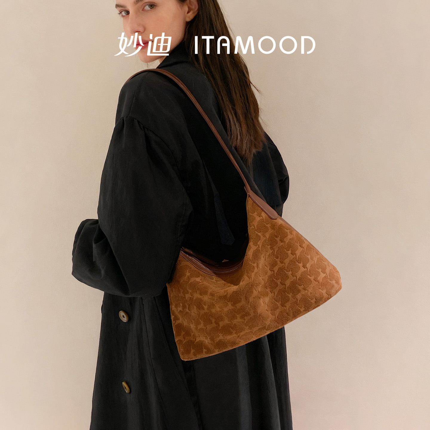 琥珀风妙迪千鹿纹真皮hobo腋下包