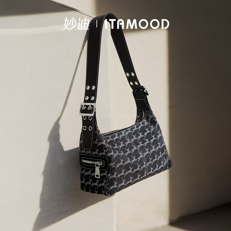 妙迪千鹿纹大容量牛仔腋下包