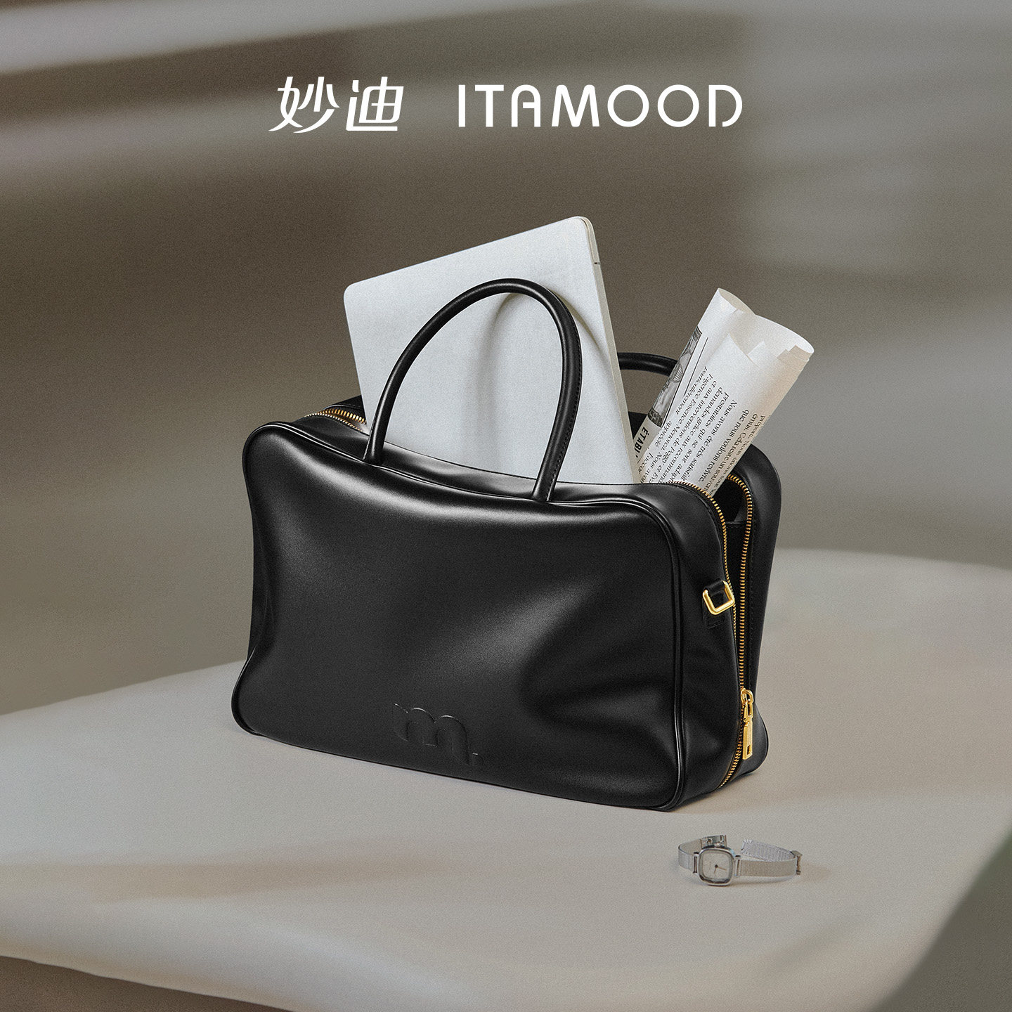 妙迪牛皮大容量软保龄球公文包手提袋通勤波士顿电脑斜挎包包女