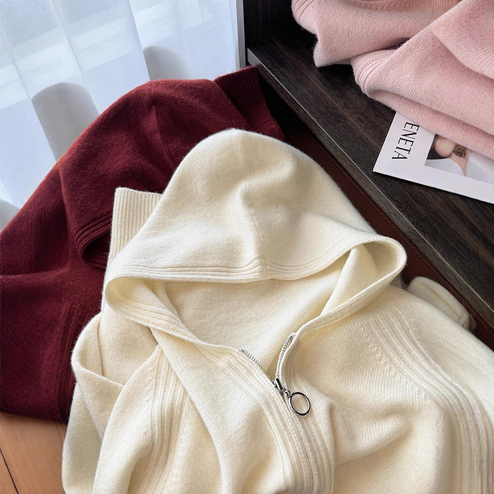 老钱风LP无缝一体帽衫羊毛拉链连帽毛衣长袖针织开衫女秋冬