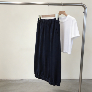 开叉半身裙 松紧腰100%棉中长款 一条基础又篙端 半身裙