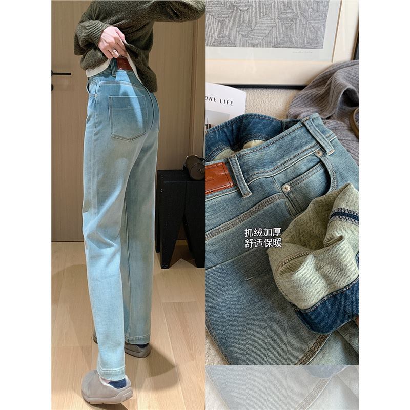 巨好看高光蓝牛直筒裤！双版本舒弹抓绒360立体水洗宽腰牛仔裤女