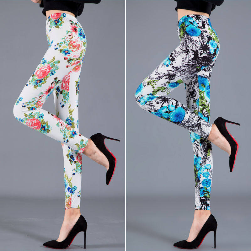 新品牛奶丝磨毛大码弹力彩色花色涂鸦个性打底裤松紧腰小脚九分裤