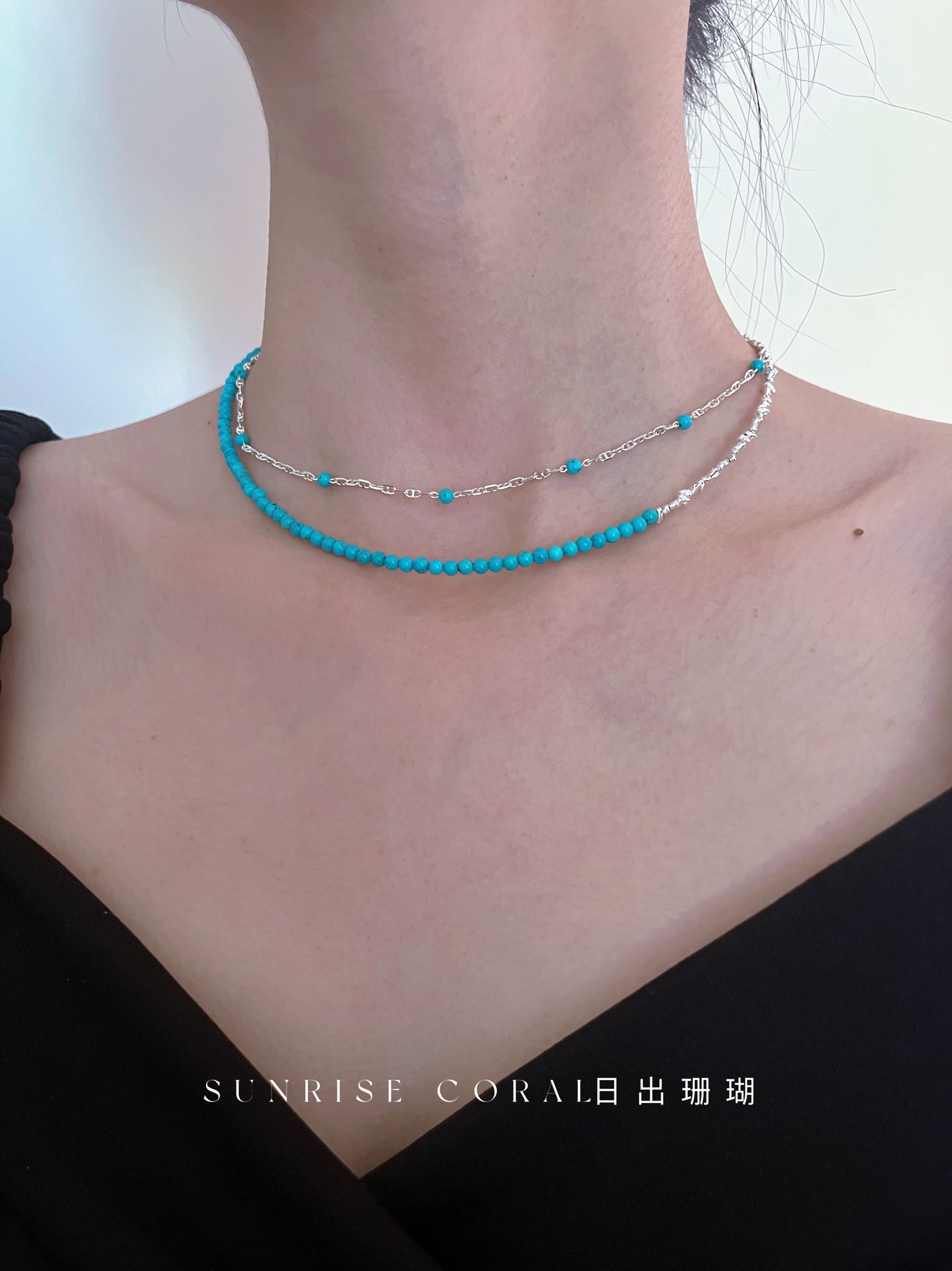 日出珊瑚 天然绿松石925纯银碎银子满天星猪鼻子项链女高瓷蓝锁骨