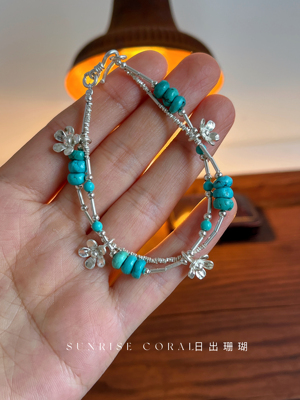 泰国清迈手工925纯银天然绿松石双层手链女小众设计锤纹花朵