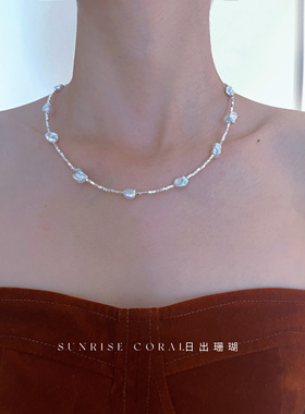 日出珊瑚 925纯银碎银子天然项链异形炫彩满天星锁骨链切面颈链
